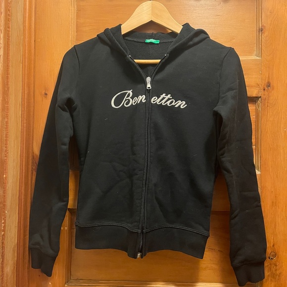 Benetton Black Hoody Sweatshirt Jacket Silver Sparkle Logo XS Italy Kawaii UCB - Picture 1 of 12
